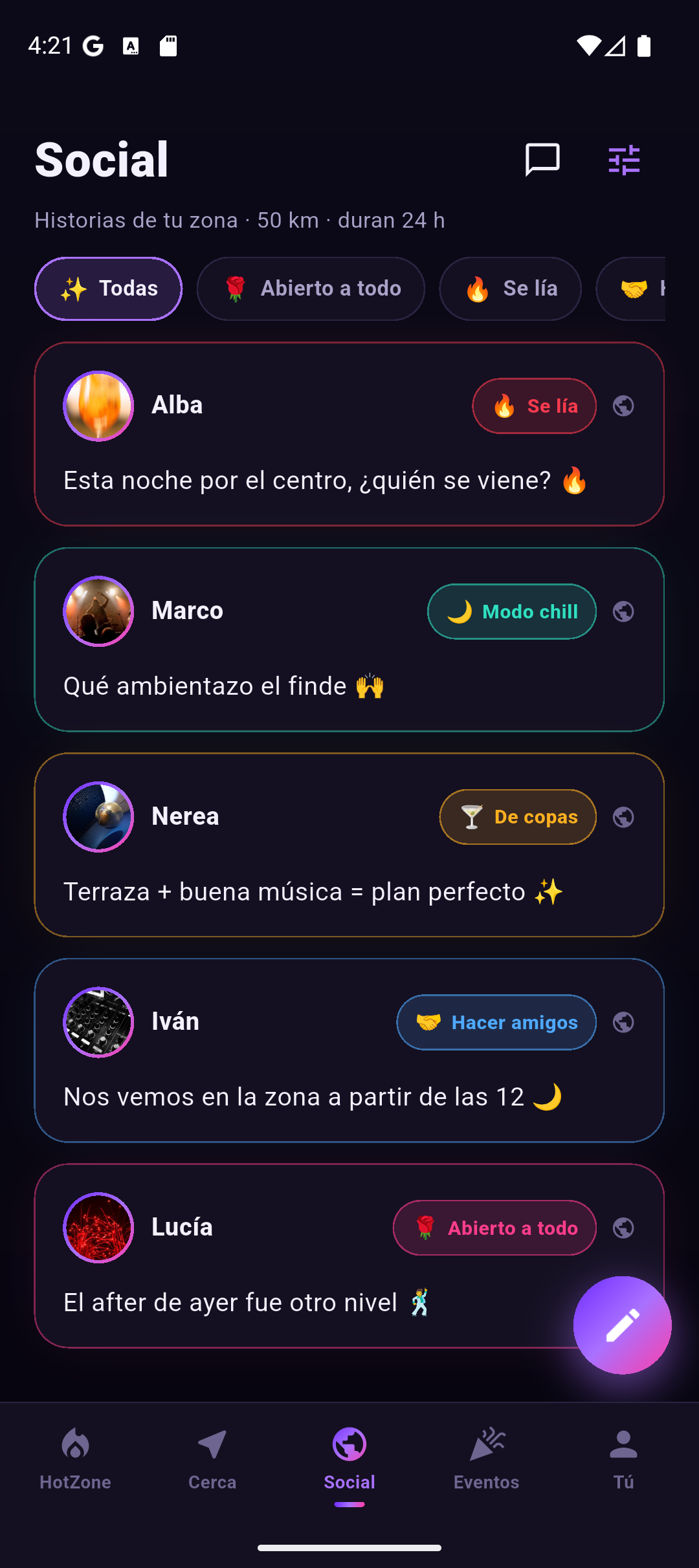 Feed social de FlashNight con publicaciones de tu zona
